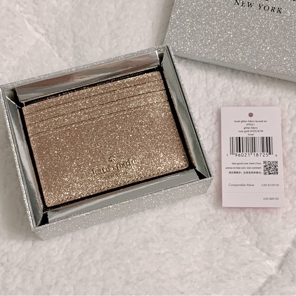 KATE SPADE Tinsel Glitter Boxed Slim ID Credit Card Holder Wallet Rose Gold NWT - Picture 5 of 12